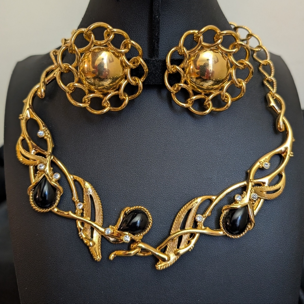#44. Barrera for Avon Gold & Black Cabuchon  Necklace and Monet Earrings